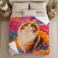 thumbnail image 4 of YShenghong Fluffy Calico Cat Surrounded By Vivid Giant Flowers Printed Flannel Blanket, 4 of 7