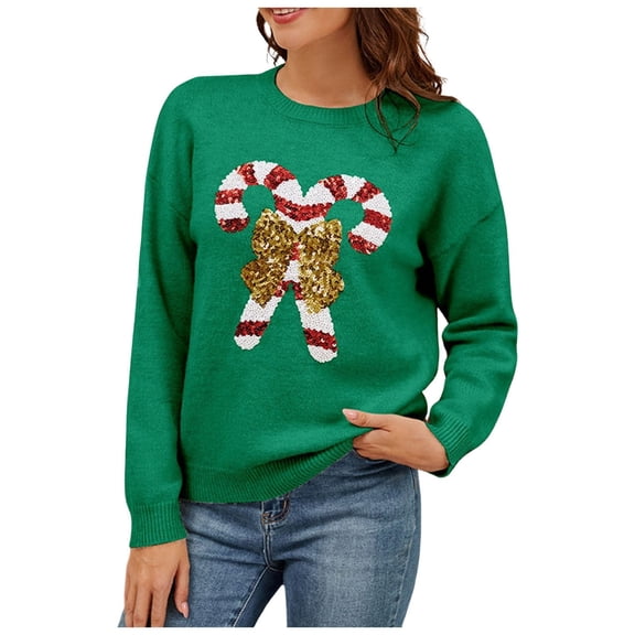 oqasdz Women's Sweaters Christmas Cane Bowknot Sequined Sweater Fall Winter Round Neck Long Sleeve Knitted Cardigan Casual Comfort Soft