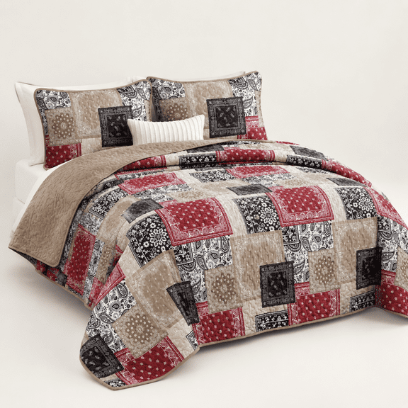 Red-black Queen Size Paisley Patchwork Quilt Bedspread Coverlet Set