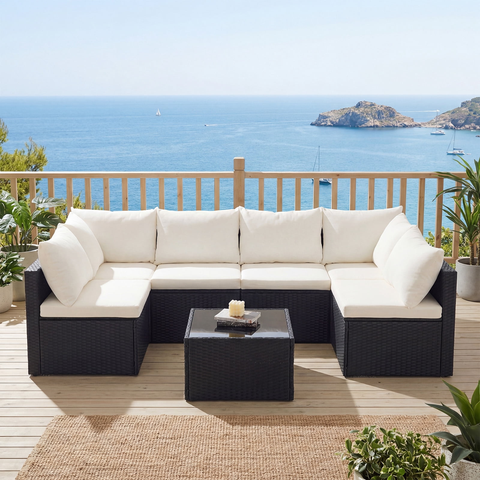 SHOUFTW 7 Piece Patio Furniture Set, Outdoor Wicker Sectional Sofa with Cushions and Glass Table, Black and Beige