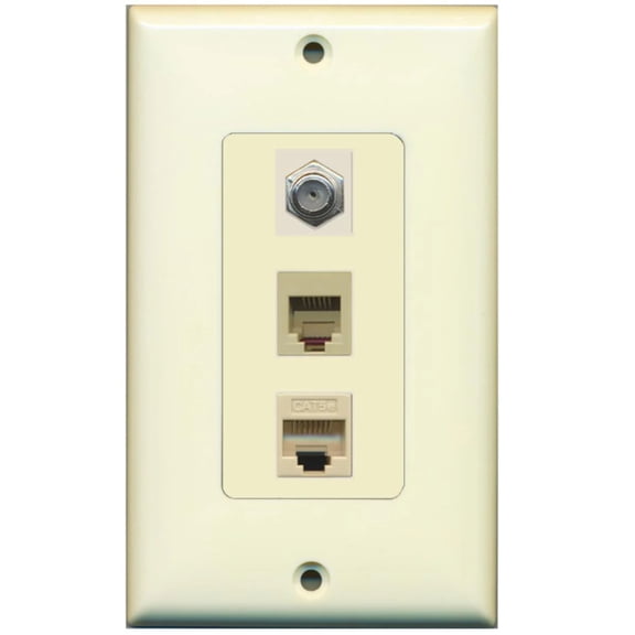 RiteAV - 1 Port Coax Cable TV- F-Type Phone RJ11 RJ12 and 1 Port Cat5e Ethernet Decorative Wall Plate - Light Almond