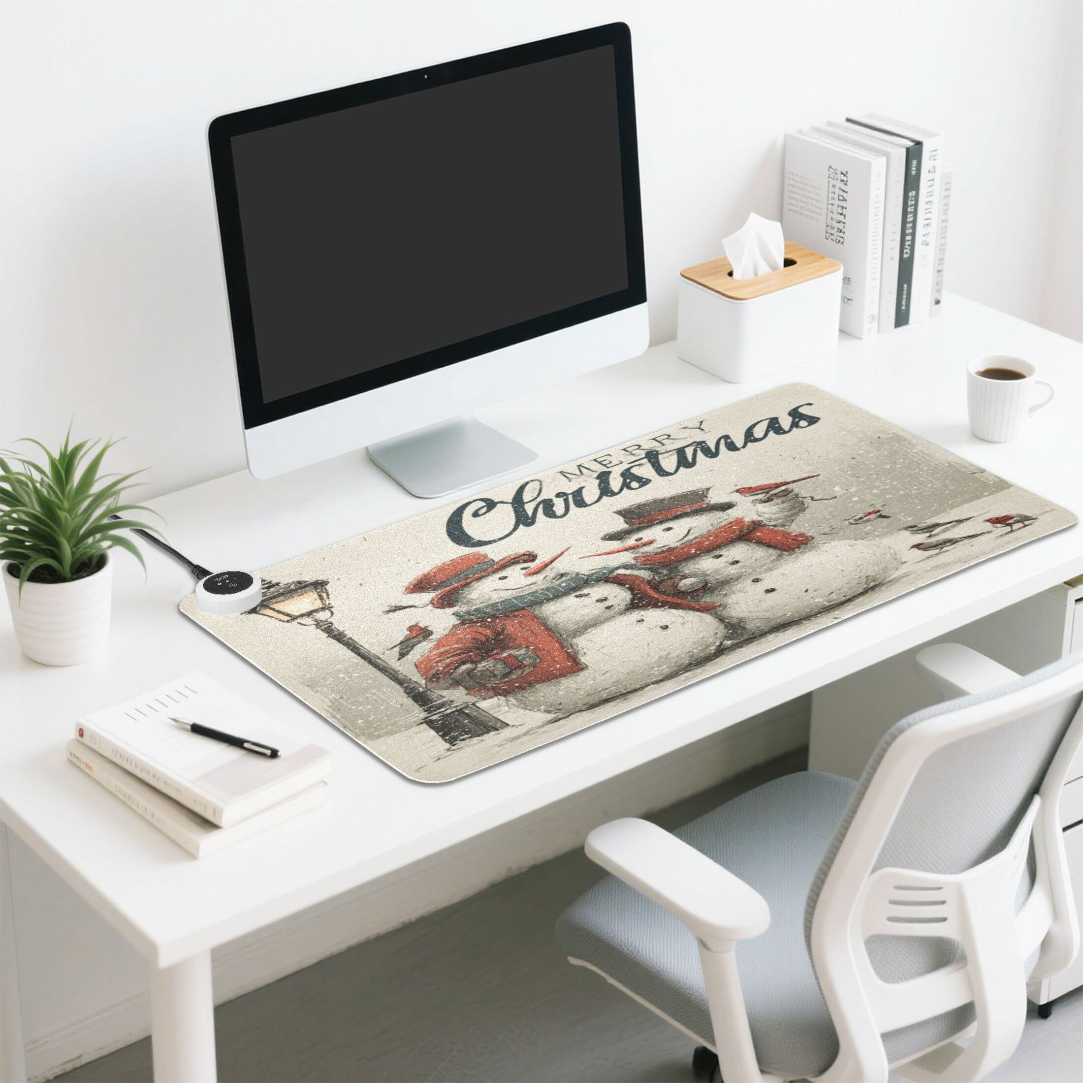 Wobogo Vintage Snowmen Heated Mouse Pad Extra-Large Desk Mat With 3 Heating Levels and 3-hour Auto Shut-Off Protection Ideal for Computer Keyboards Home Office Hand-warming Essential 31.5in × 13in
