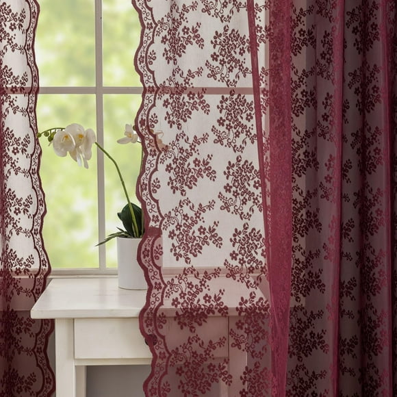 Cortinas YJ YANJUN de encaje rojo vino, 229 x 132 cm, 2 paneles florales