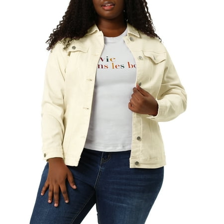 MODA NOVA Juniors Plus Size Long Sleeve Button Down Jean Denim Jacket with Pockets 1X Light Beige