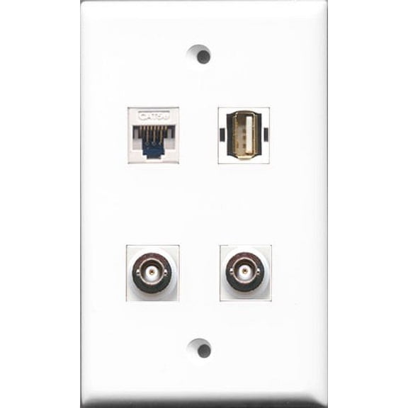 RiteAV 1 Port USB A-A 2 Port BNC and 1 Port Cat5e Ethernet White Wall Plate