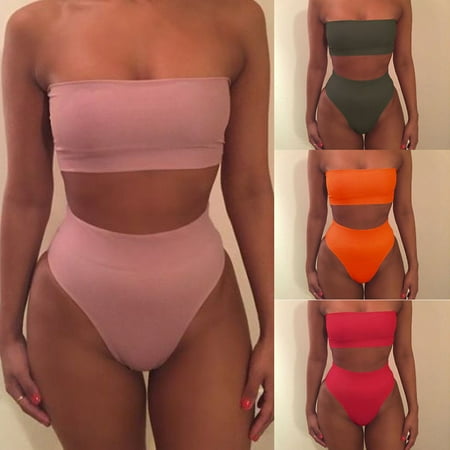 Womens Strapless Bandeau Top Bikini Set High Waist Bottom Swimsuit