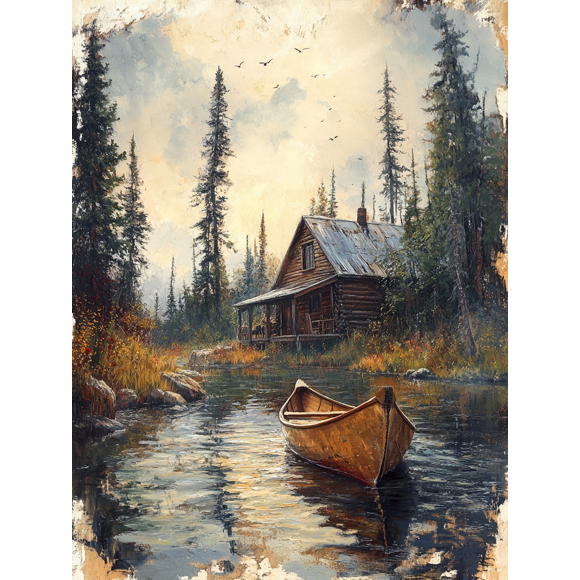 Rustic Cabin Canoe Lake Landscape Canvas Print/Wall Art, Perfect for Living Room, Cabin Decor, and Lakeside Home Decoration.