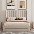 thumbnail image 2 of Leumius Full Size Platform Bed with A Storage Drawer,Velvet Upholstered Bed Frame with Wingback Vertical Channel Tufted Headboard,Beige, 2 of 8