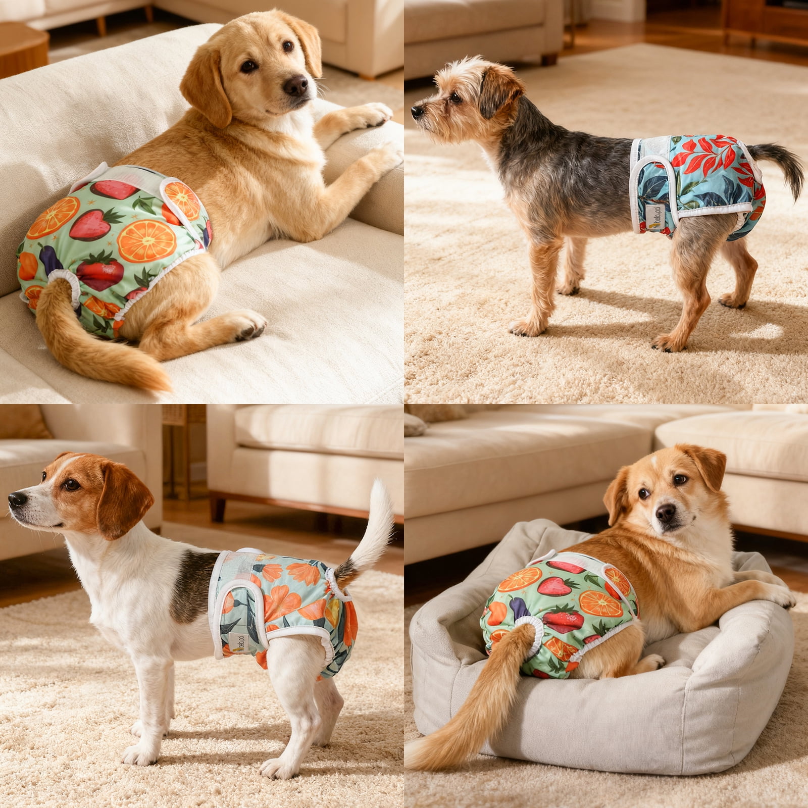 BELLA & PAL Blue Green Floral Female Dog Diapers, 3-Pack, Highly Absorbent Washable Diapers for Small Dogs, Leak-Proof Puppy Diapers, L
