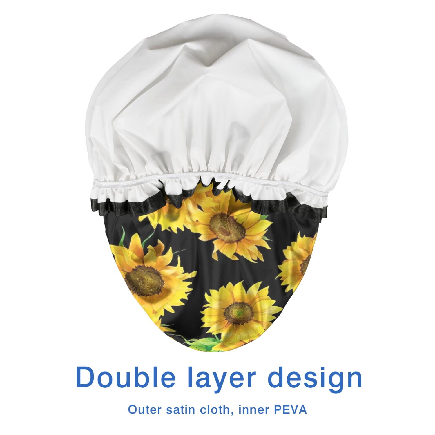 Shower Caps,Black Sunflower Green Leaf Pattern Waterproof Shower Cap for Women 4 Pieces,Double Reusable Hair Cover for Shower PEVA Elastic Stretch Hem