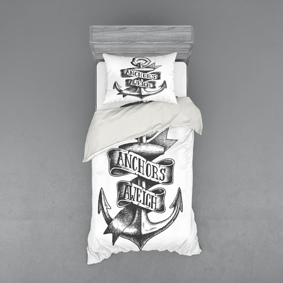 Ambesonne Anchor Bedding Set 3 Pcs, Tattoo Style Old, Twin, Charcoal Grey White