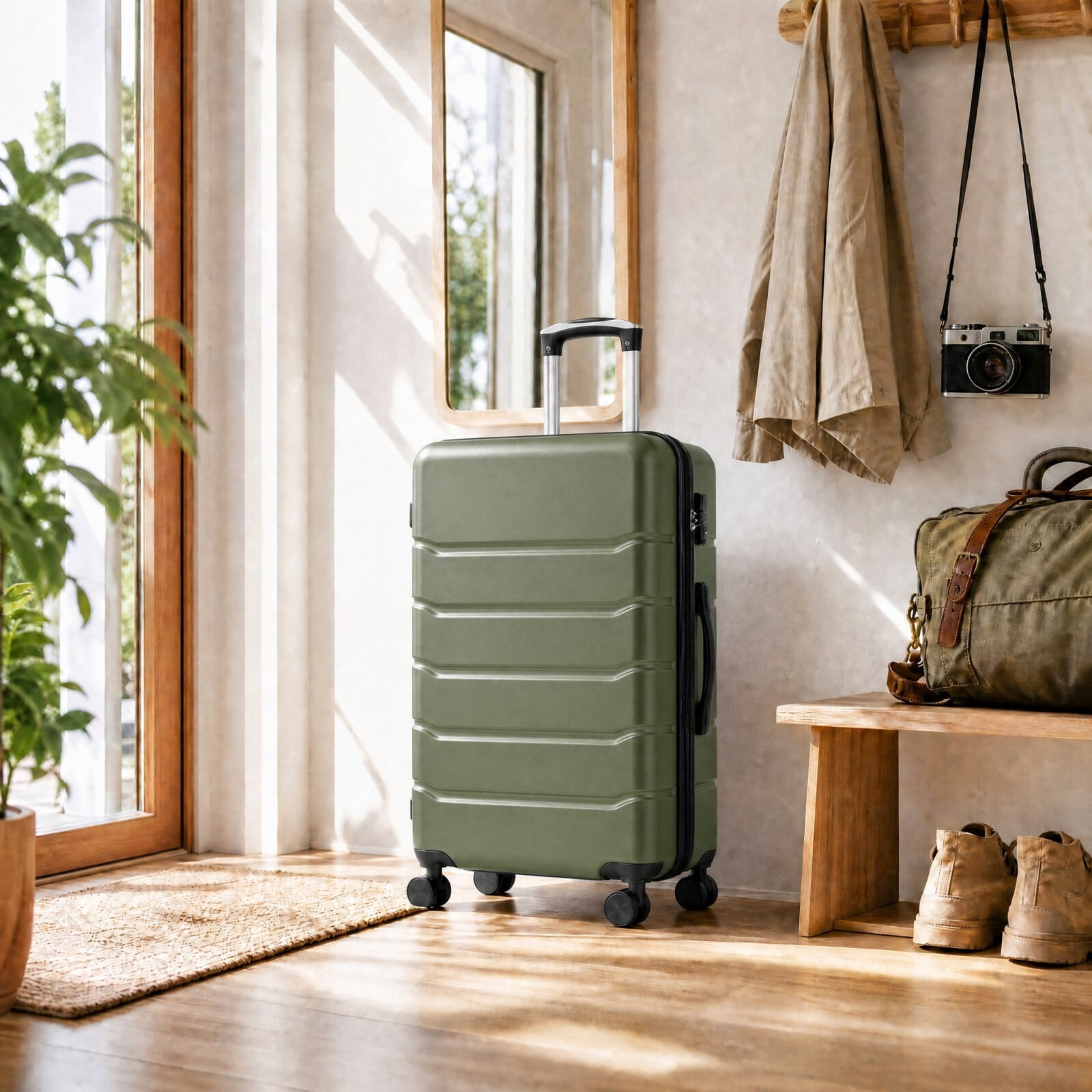 Kelno Large Checked Luggage with Spinner Wheels ABS Hard Shell Suitcase Expandable Rolling Luggage with TSA Lock, Green