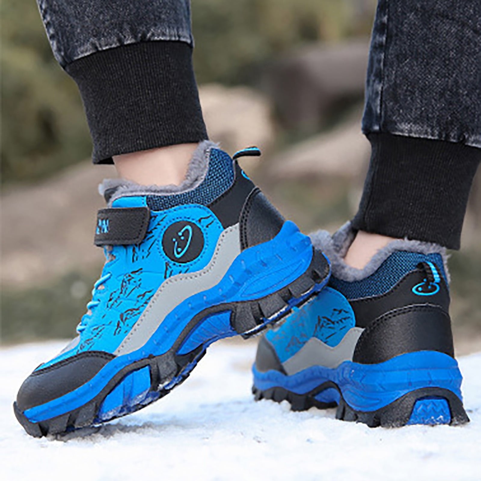 Kidagic Boys Leather Snow Boots Winter Warm Hiking Shoes For Kids Non Outdoor Insulated Footwear(Color:Blue,Size:2)