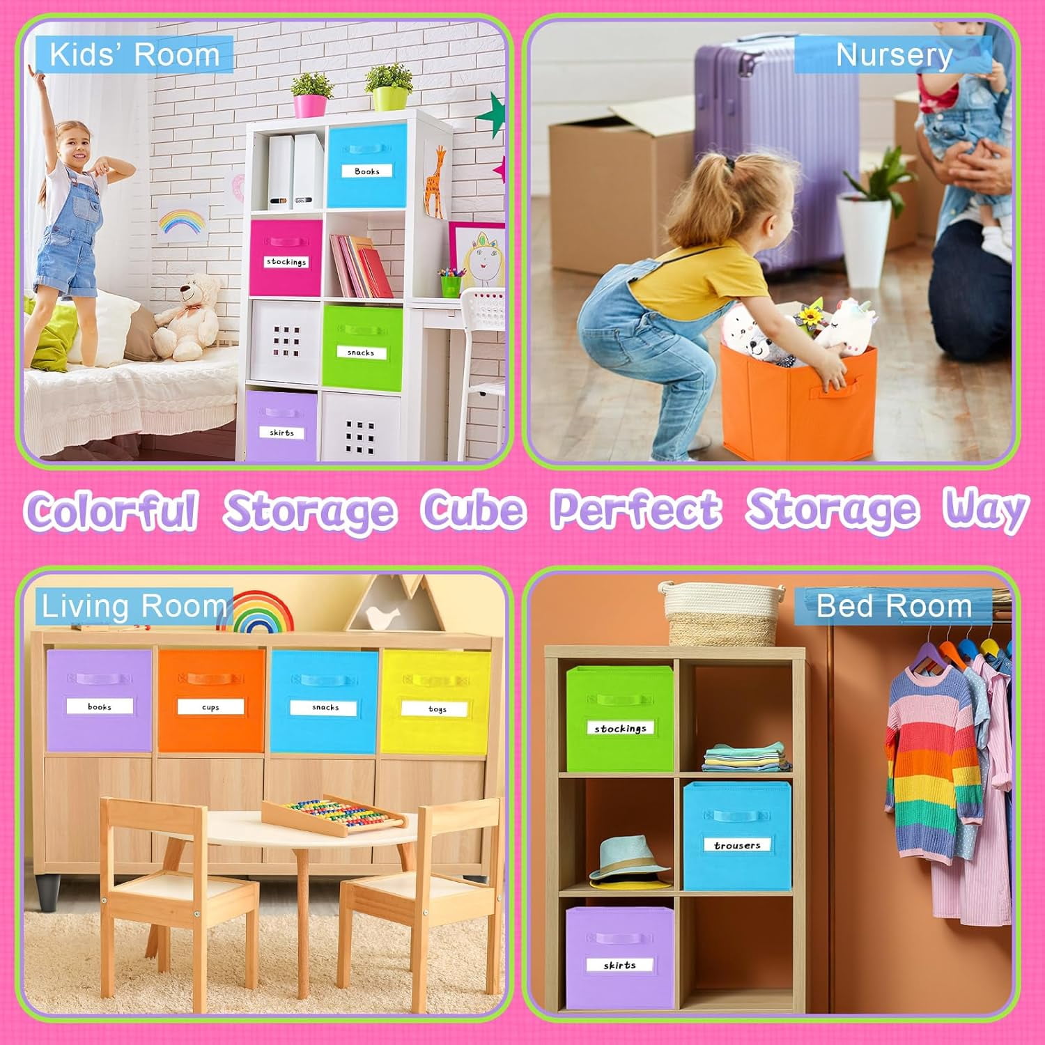 18Pcs Colorful Cube Storage Bin 11in Rainbow Fabric Cube Basket with Label Window and Handle Fun Colored Foldable Storage Cube for Toy Storage Nursery Classroom Living Room (Bright Color)
