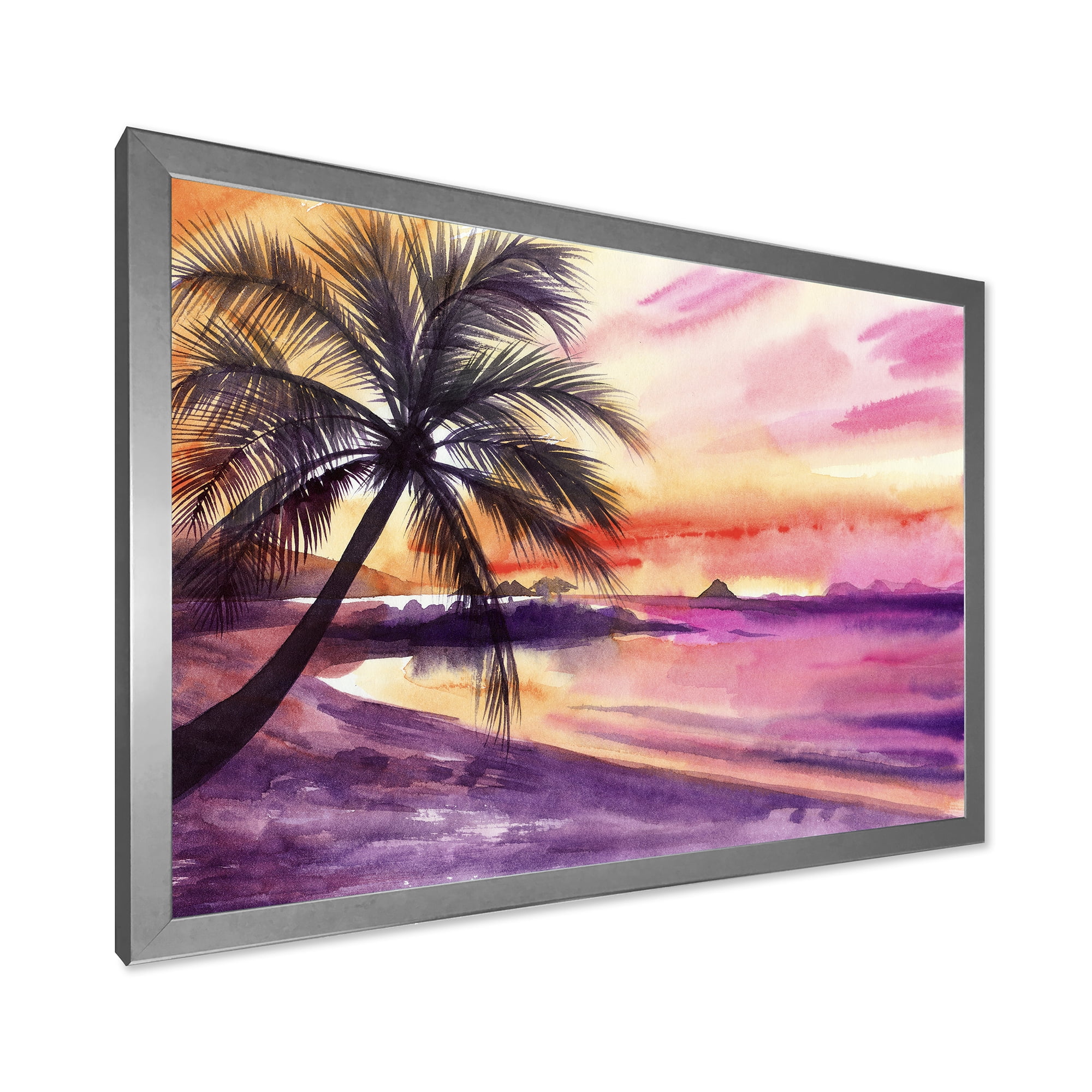 Designart 'Purple and Pink Palm Beach Sunset' Nautical & Coastal Framed Art Print