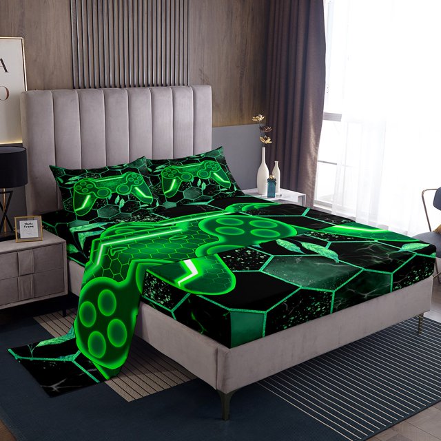 Erosebridal Game Player Sheet Set Queen, Green Gamepad Bedding Sets Queen Size, Checkered Abstract Decor