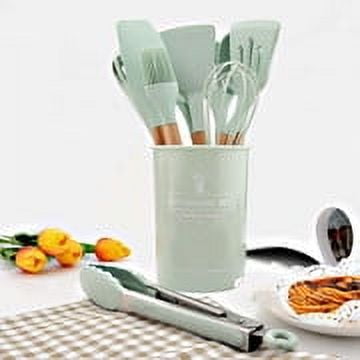 Delicias gourmet: juego de utensilios de cocina de 11 piezas de color verde menta, silicona de grado alimenticio, mangos de madera duraderos, resistente al calor hasta 450 °F para cocinar en