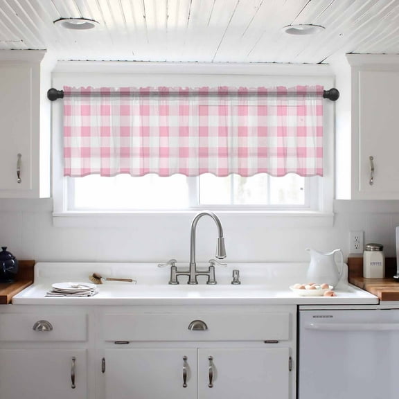 Pink Checkered Valance Curtains for Kitchen/Living Room/Bathroom/Bedroom Window, Pink White Buffalo Plaid Rod Pocket Small Topper Half Short Window Curtains Voile Sheer Scarf 42"x12"