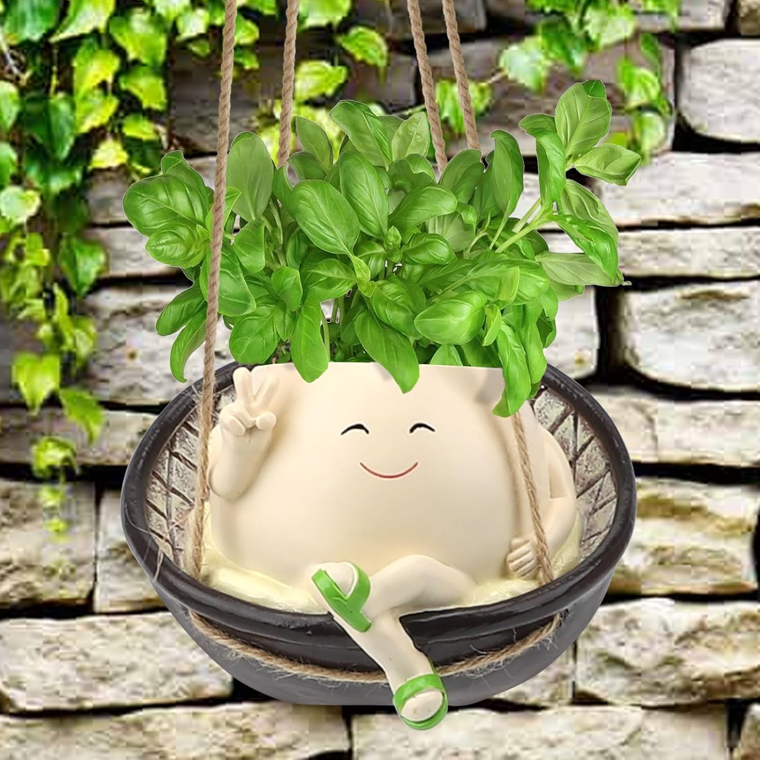 Senya Hanging Swing Chair Planter Pot Resin Smile Face Plant Pot for Indoor Outdoor Plants Cute Head Flower Pots, 5.51x2.55x4.33 Inches