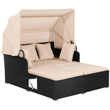Patio Rattan Daybed Outdoor Loveseat Sofa Set with Retractable Canopy Beige