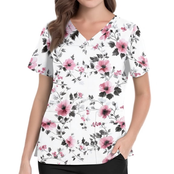 Scrub Tops Women Floral Print V Neck Plus Size Scrub Shirts Nurse Scrubs Stretchy Summer Holiday Short Sleeve Fashion Side Slits Uniform Shirts With Pockets White XL