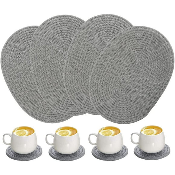 4 Pack Oval Woven Placemats 12 x 16 inch Weavn Cotton Placemats with 4 Pack Round Fabric Coasters(Gray)