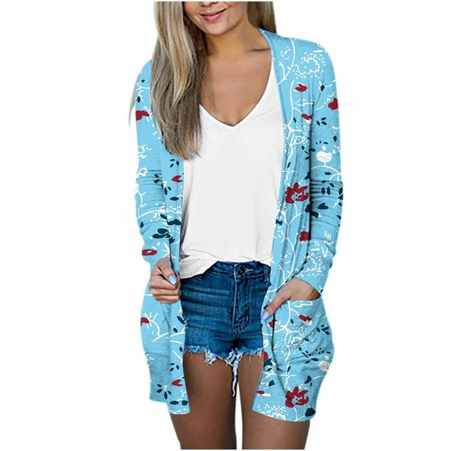 Pompotops Chemisier Décontracté à Manches Longues Imprimé pour Femmes avec Poche Cardigan Liquidation