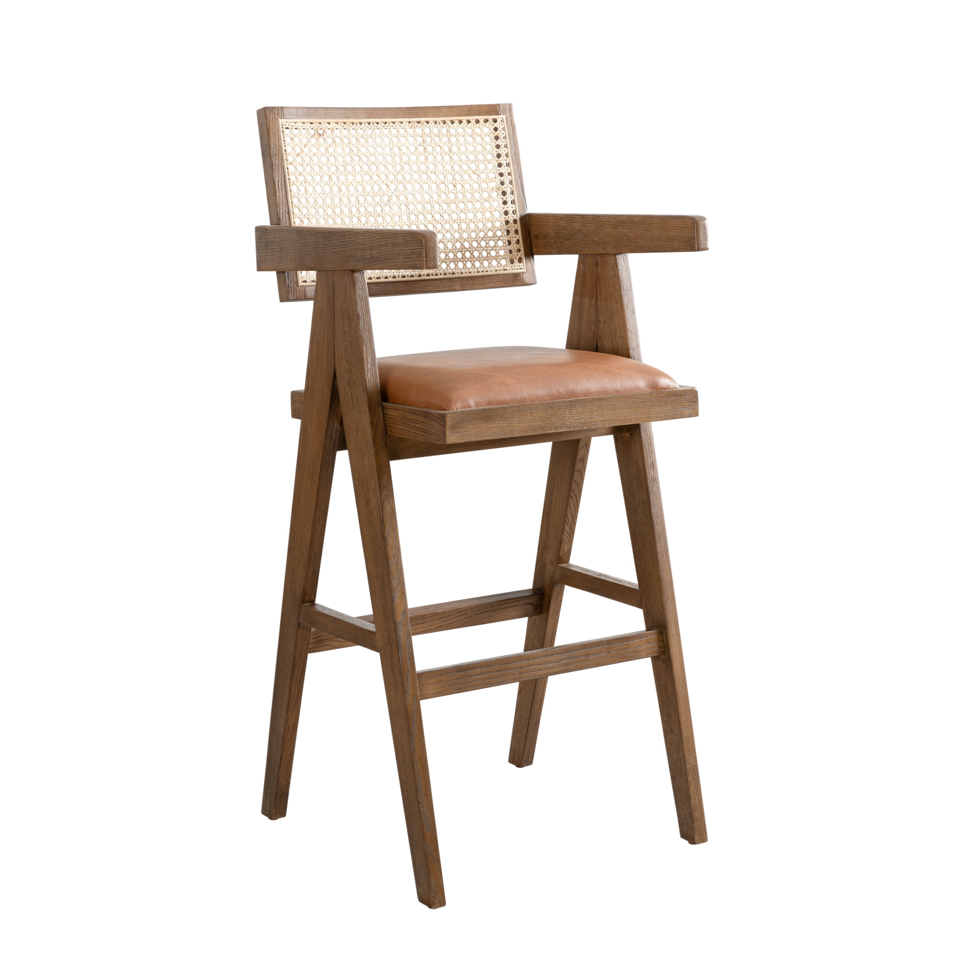 Harley Nutmeg Brown Solid Wood and Rattan Upholstered 30" Bar Height Barstool with Red/Brown Faux Leather Seat - Set of 4