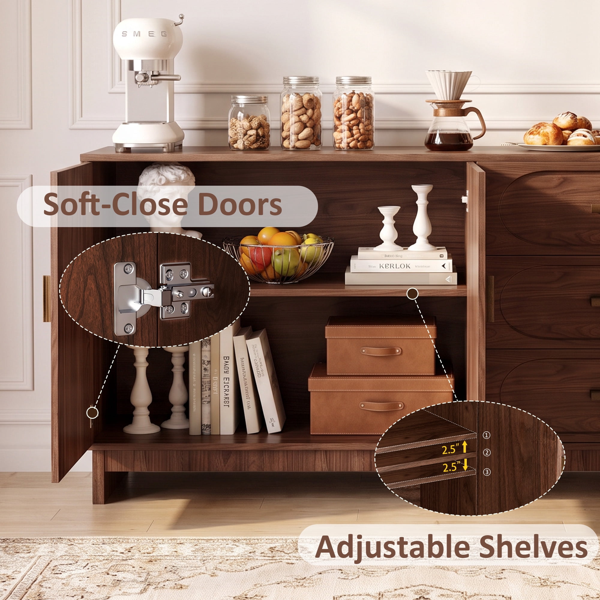 Leumius 59.1" Buffet Sideboard with 2 Doors and 3 Drawers, Walnut Finish with Oval Grain Texture, Farmhouse Storage Cabinet for Dining Room Living Room Hallway