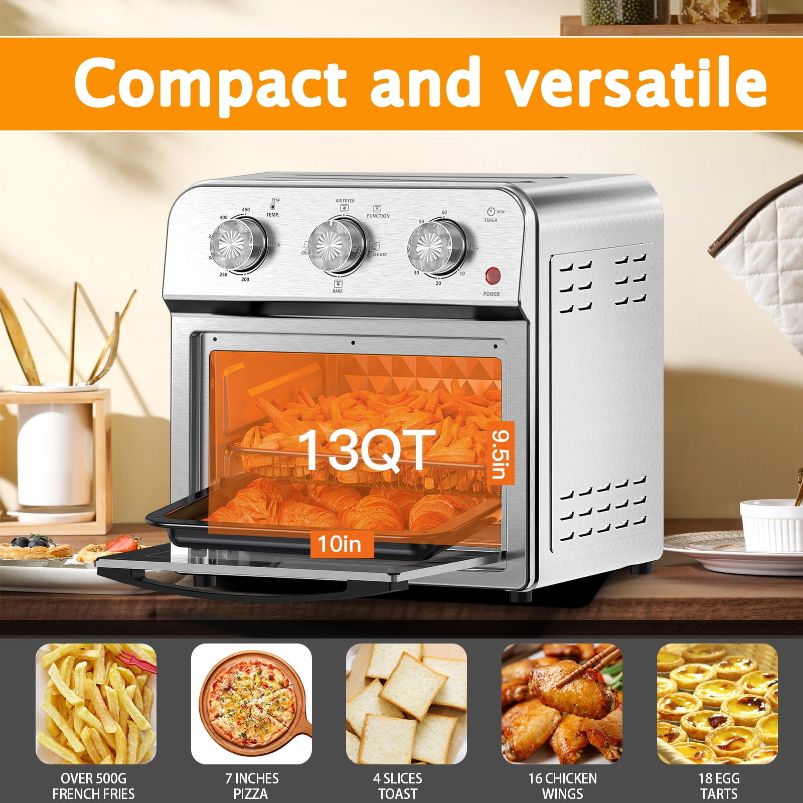 Family Size Air Fryer Toaster Oven Combo, 13QT, 360° Hot Air Circulation, Multifunctional Convection Countertop Oven, Stainless Steel, Silver