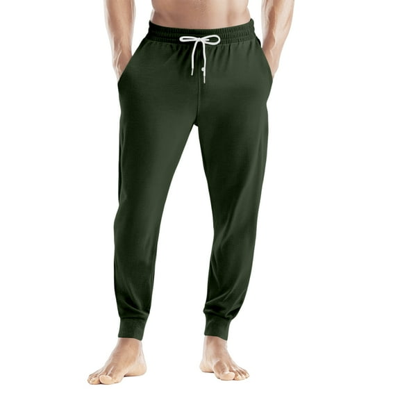 WTOBBY Men's Drawstring Pocket Cuffed Casual Pants Home Sleep Pants Comfortable Soft Lounge Wear Elastic Waist Men's Trousers,Army Green L