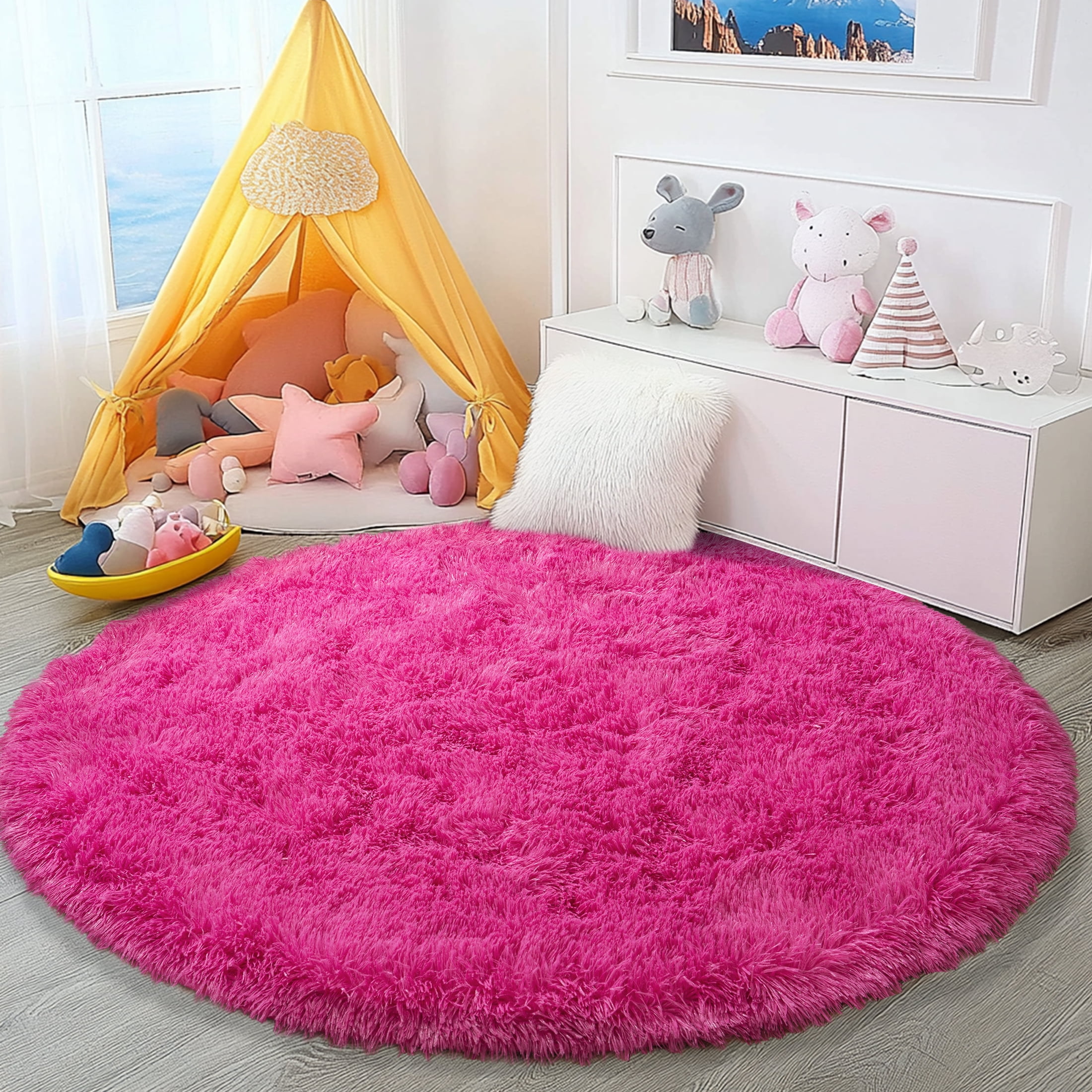 Socofuz Round Fluffy Rug, Rosy Red 5×5ft Washable Carpet - Plush Shaggy Non-Slip for Girl's Bedroom, Children's Room Nursery Bedroom