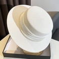 thumbnail image 2 of Women's Straw Boater Hat Elegant Flat Top Sun Hat with Pearl Tie & Satin Band Wide Brim Summer Beach Hat for Travel, 2 of 3