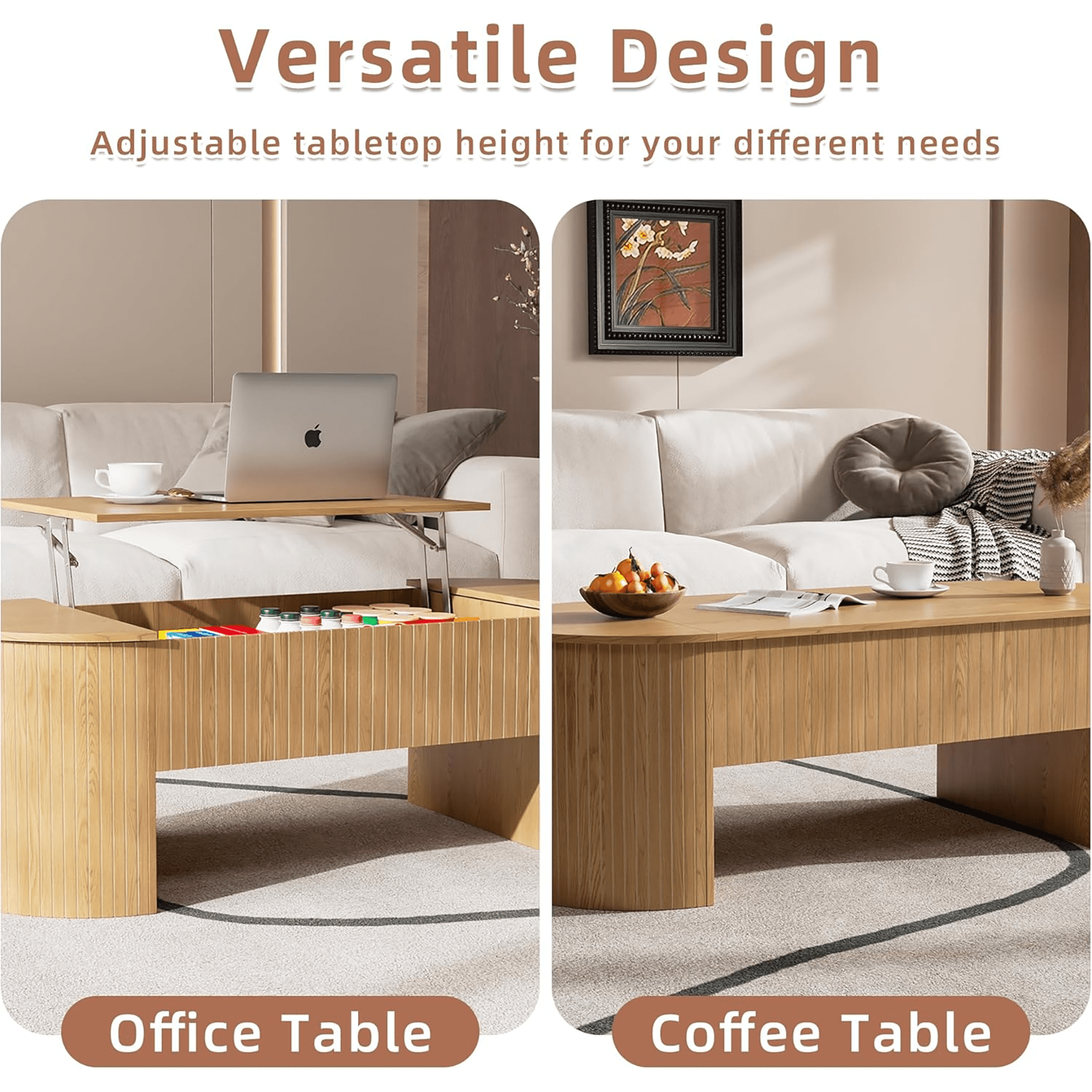 Diubas Oval Lift Top Coffee Table with Hidden Storage, Fluted Coffee Table Center Table for Home Living Room, Natural