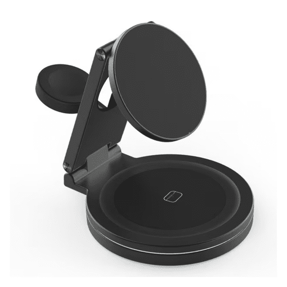 Mr. Gadgets Base Cargador Inalambrico 3 En 1 Giratorio 360° Luz Led Rgb, Estación De Carga Qi2 Magnetica, Compatible Con Magsafe,aluminio, Para iPhone / AirPods/ Apple Watch Color Negro
