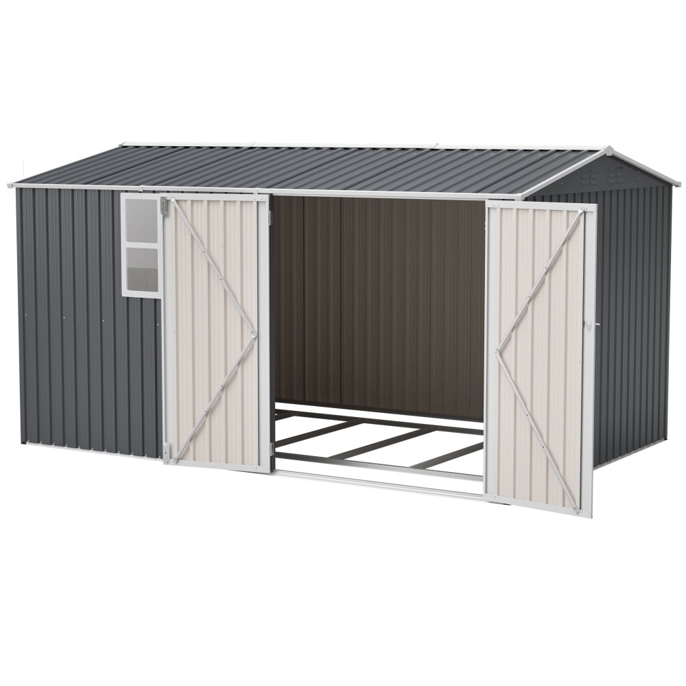 8x12 FT Steel Storage Shed, With Floor frame，Hinged Gray Doors & 4 Ventilation Openings with Window for Patio & Garden Use