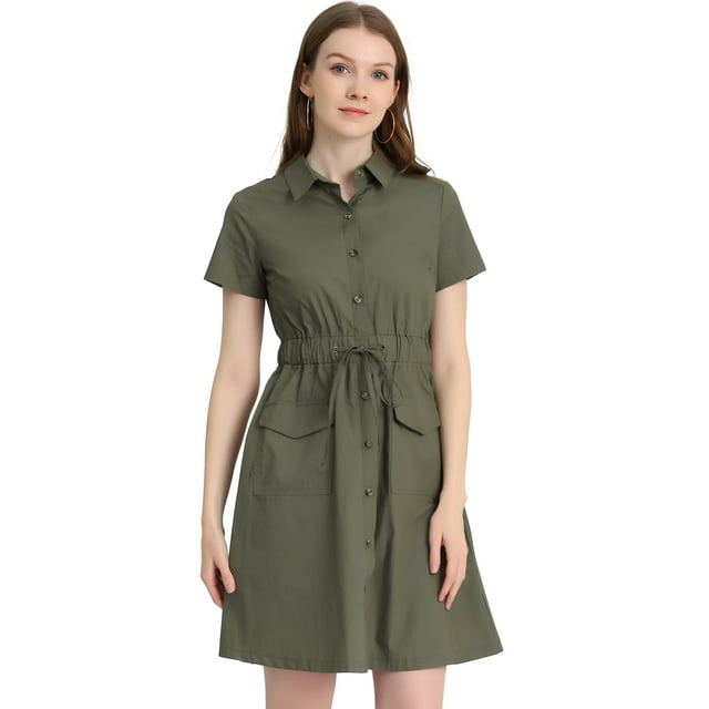 INSPIRE CHIC Robe Femme Col Boutonné Taille Élastique au-Dessus du Genou avec Poche Vert Armée-B TG