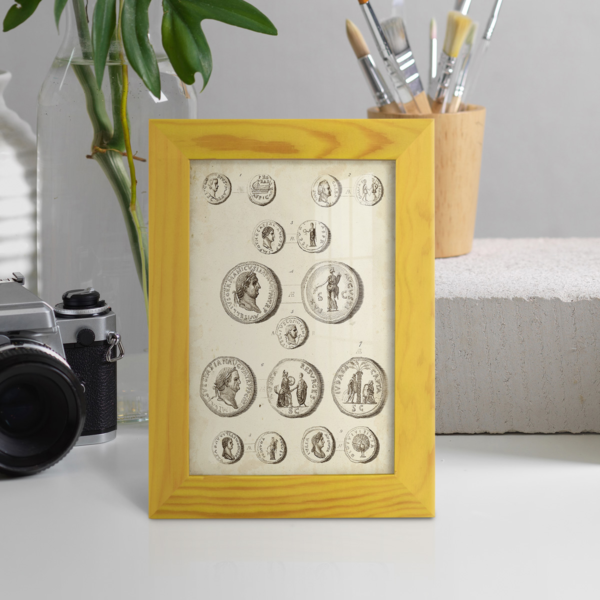 Antique Roman Coins III -Framed Print w/glass-Sunflower Yellow