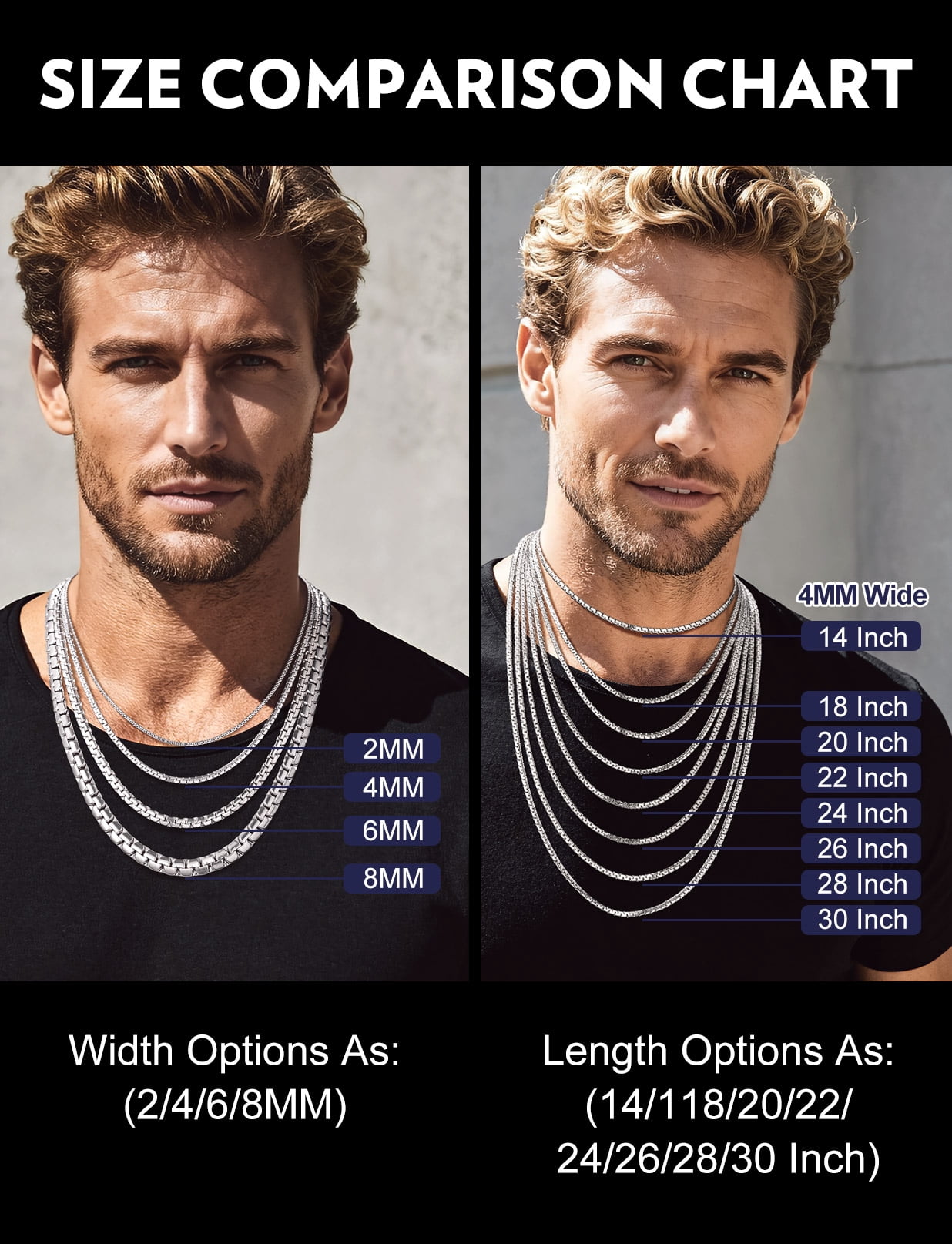 Bandmax 4MM Stainless Steel Flat Box Link Chains Necklace for Men Women Silver Cable Chain Jewelry Birthday Father Day Gift for Mens Son Husband Dad