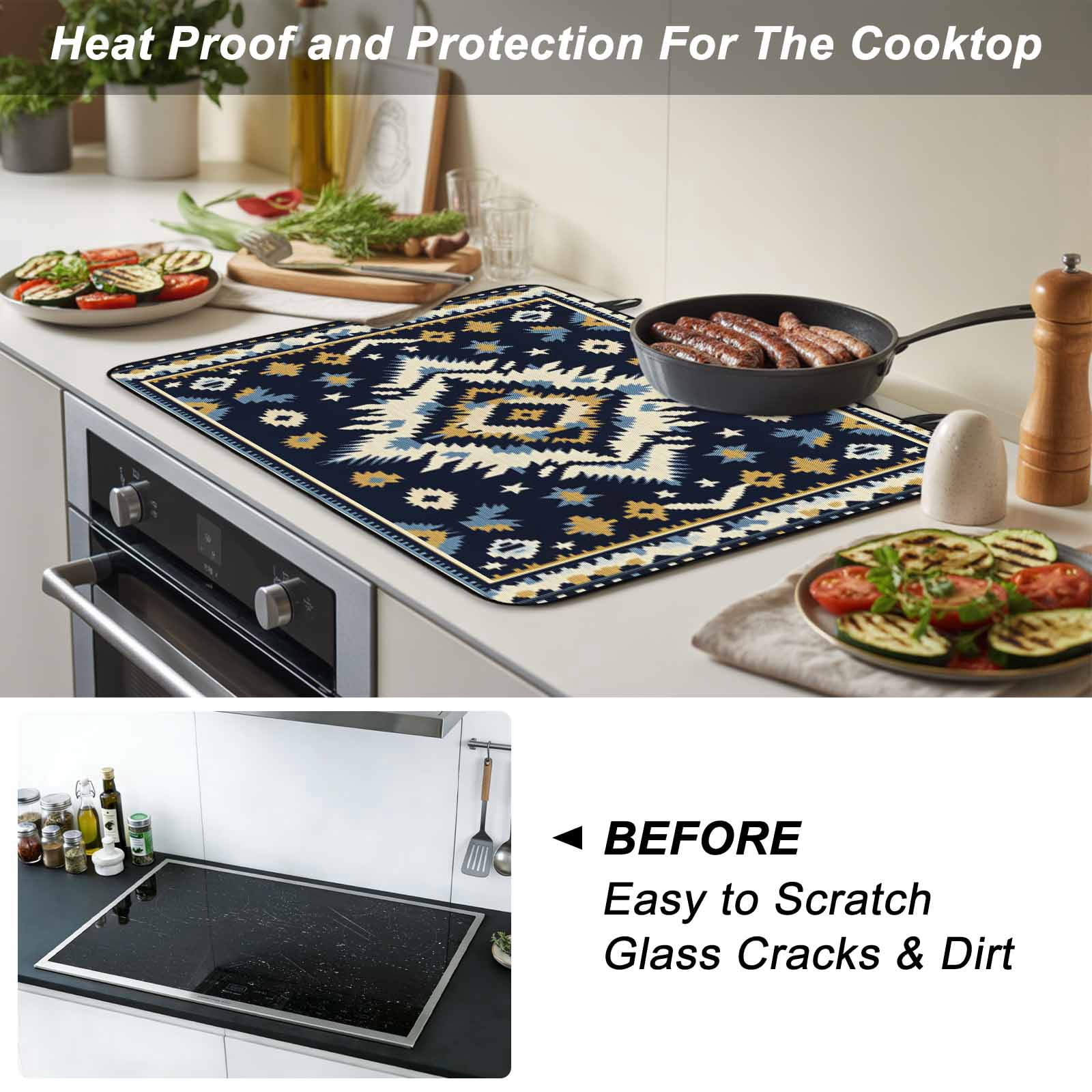 Boho Navy Blue Stove Top Cover for Electric Stove, Heat-proof & Non Slip Glass Top Stove Cover Protector, Ethnic Geometric Southwestern Retro Kitchen Flat Cooktop Rubber Mat 24x21 Inches