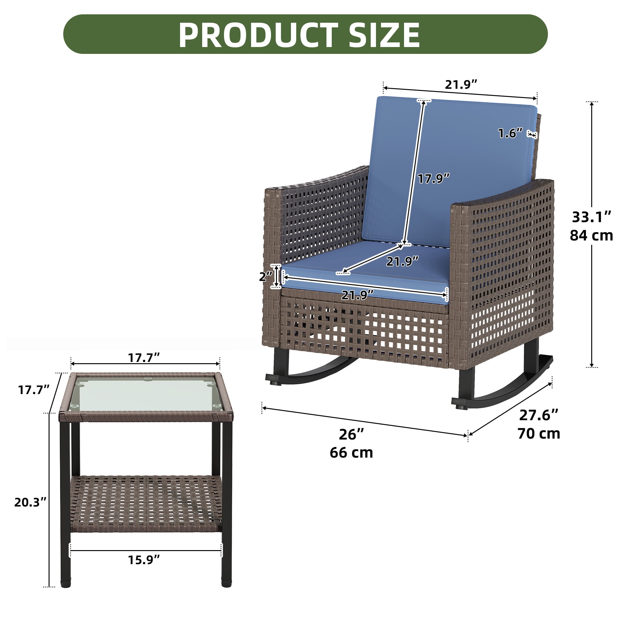 Uforic 3-Piece Outdoor Rocking Chairs, Wicker Patio Furniture with Thickened Cushions and Table for Porch (Blue)