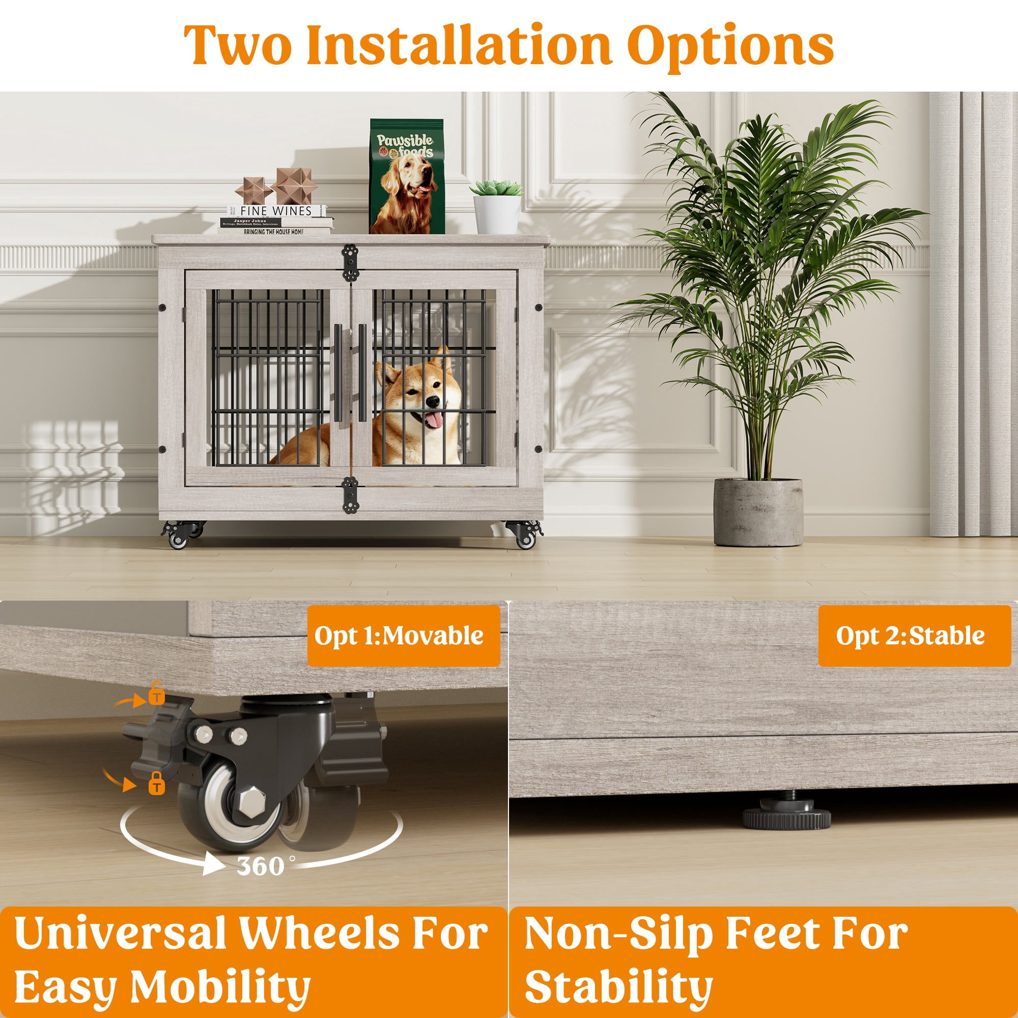 GIKPAL 32-inch Dog Crate with Pads, 2-Door Heavy-Duty Indoor Wooden Dog Cage on Wheels for Small to Medium Dogs up to 45 lbs