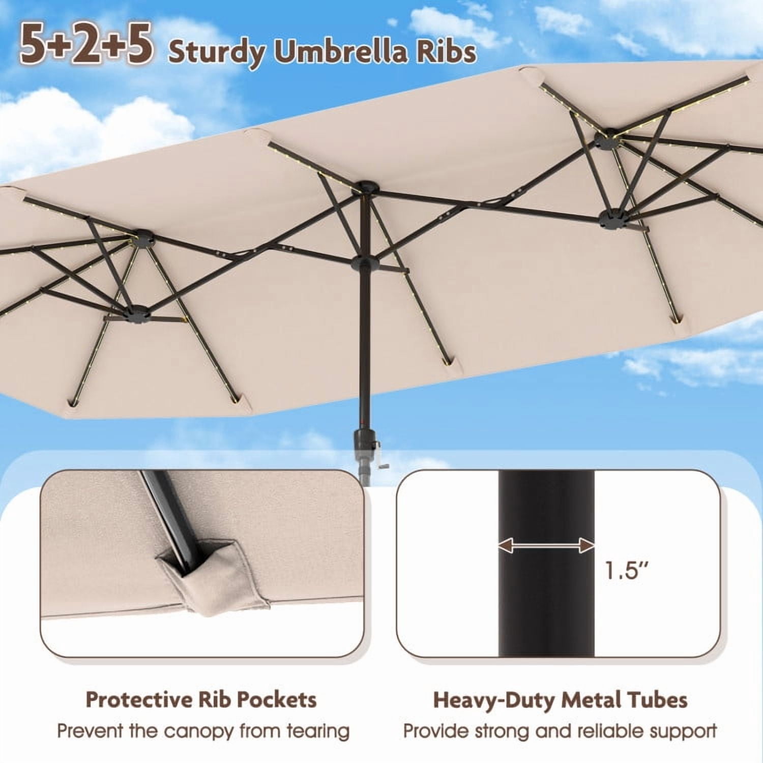 GVN Outdoor Patio Umbrella,Patio Umbrella,13 FT Large Patio Umbrella with LED Solar Lights and Crank Handle-Beige