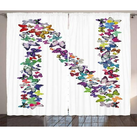 Letter N Curtains 2 Panels Set, Butterflies in Various Color Combinations in Capitalized N Shape Alphabet Design, Window Drapes for Living Room Bedroom, 108W X 108L Inches, Multicolor, by