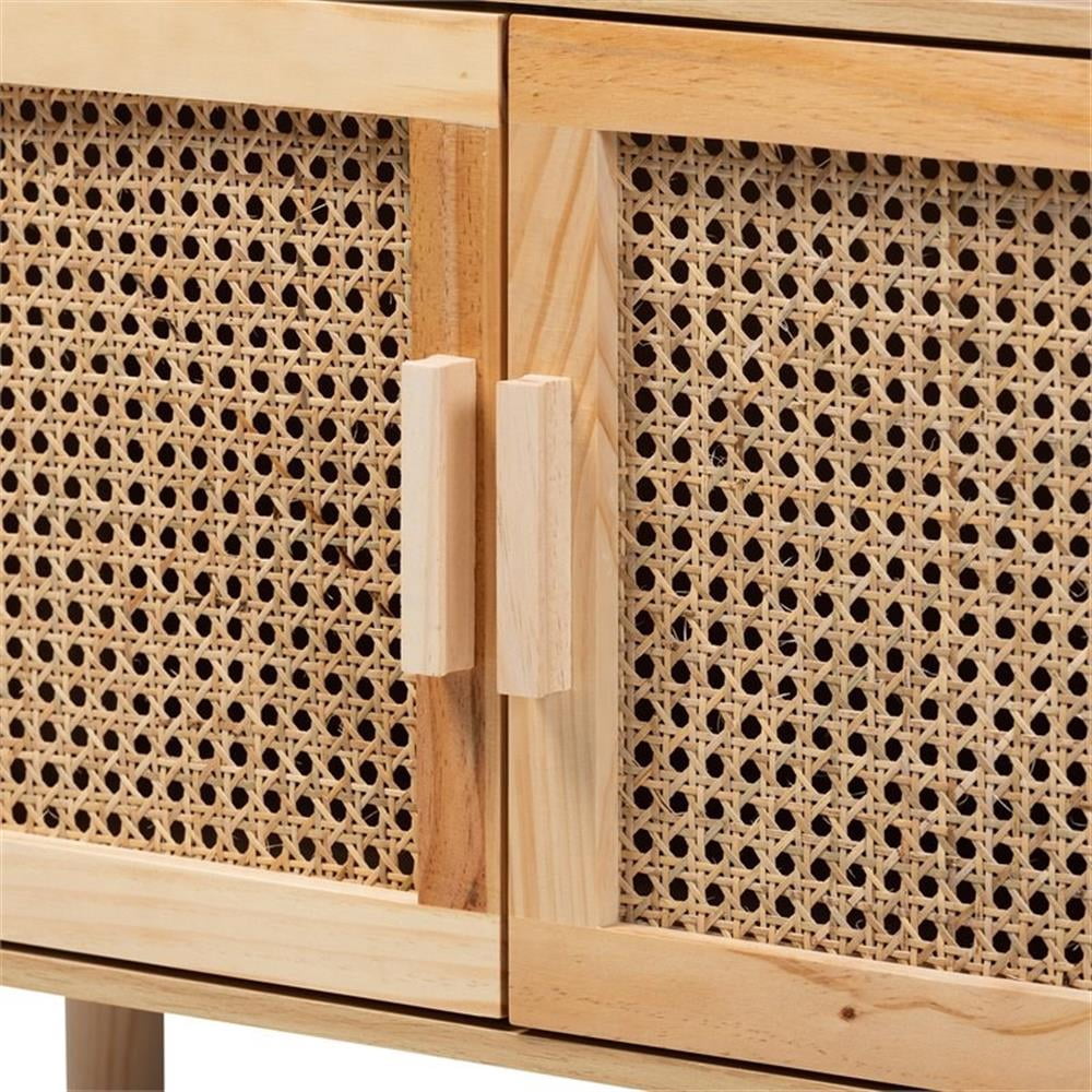 Baxton Studio Faulkner Mid-Century Modern Natural Brown Finished Wood and Rattan 2-Door Bookcase,Wholesale Interiors