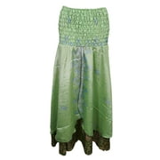 Mogul Womens Sexy Dress Green Strapless Silk Sari Smocked Bodice Vintage Skirts
