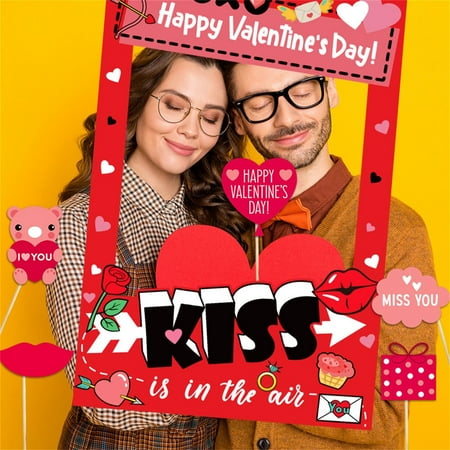 EclipseJewels Valentine s Day Photo Props Kit Fun Party Decorations for Adults & Kids Themed Backdrop and Frame for Holiday Pictures and Celebrations B