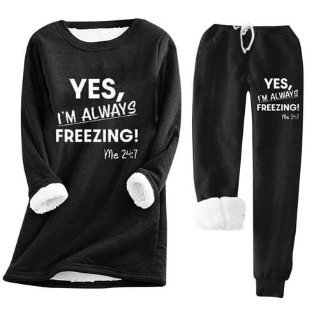 ZVNAΖH Fleece Lined Lounge Set Women Warm Pajamas Set for Winter Crew Neck Sweatshirt and Pants Set