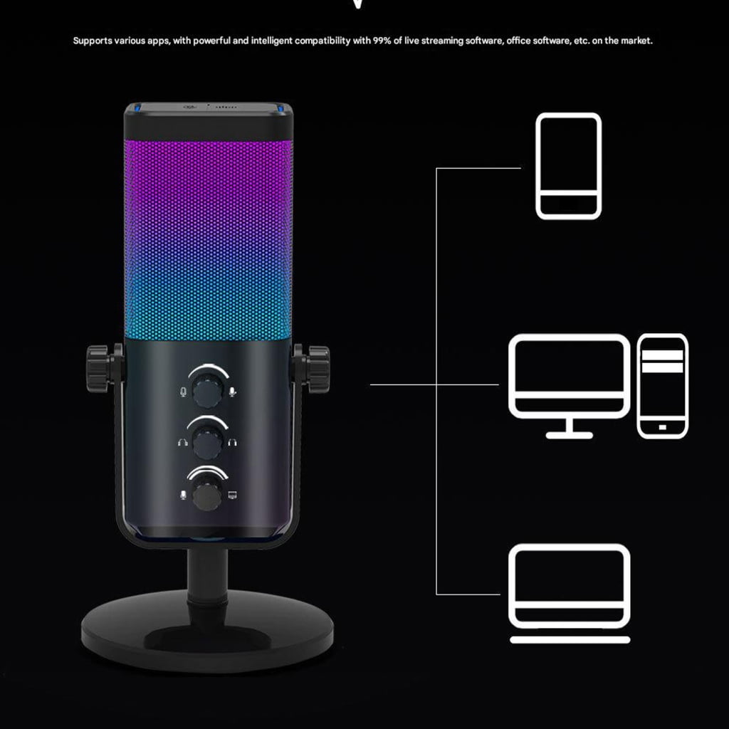 Jesscasday Studio Condenser Microphone Led Effects Metal Build Compatible for Streaming Podcast Setups Volumes Control Knob