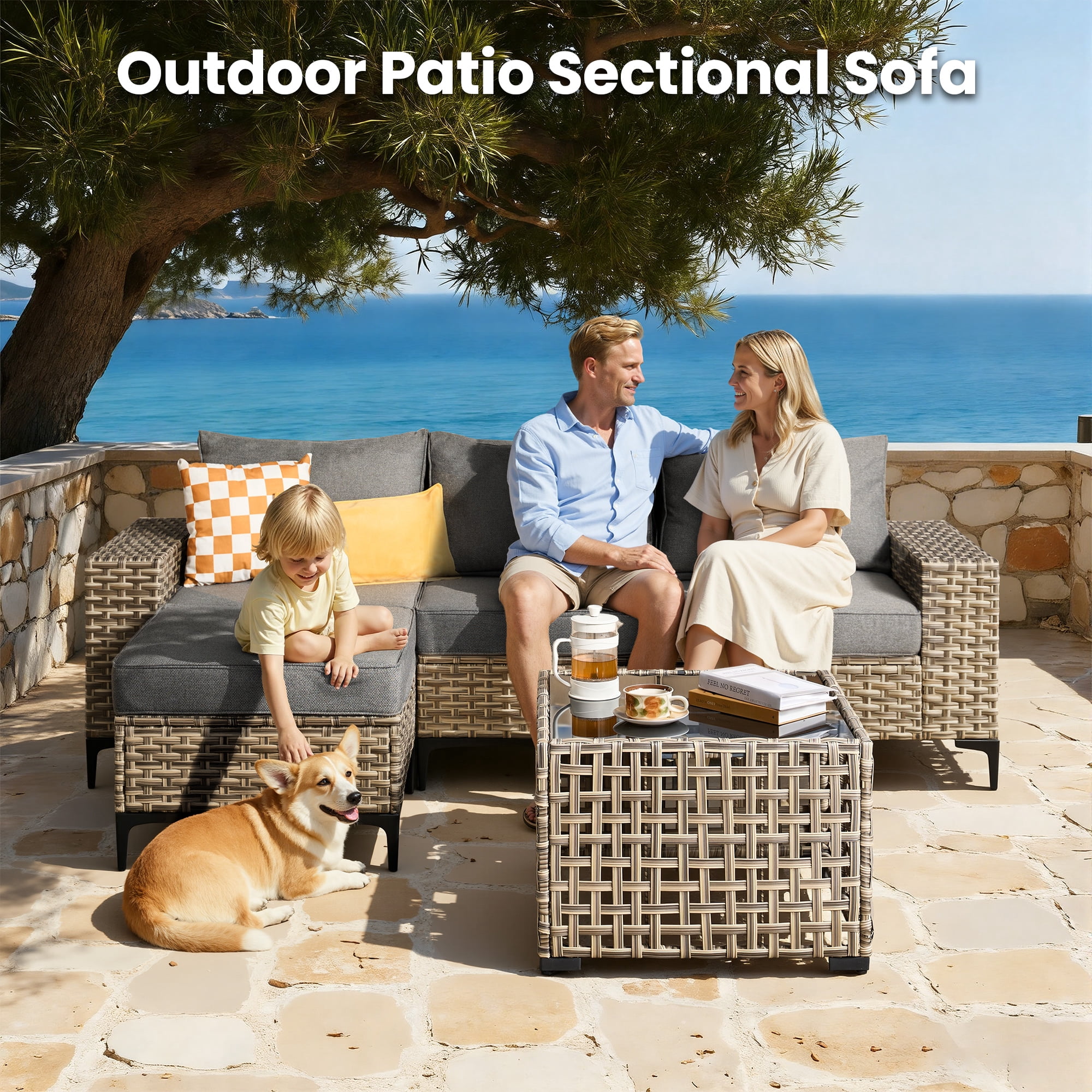 Vcatnet Patio Outdoor Conversation Set 8 Pieces Wicker Furniture Set Sectional Sofa with Swivel Chairs, Dark Gray